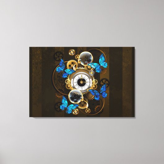 Steampunk tandwielen en blauwe vlinders canvas afdruk (Voorkant)