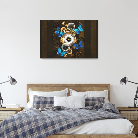 Steampunk tandwielen en blauwe vlinders canvas afdruk (Insitu (Slaapkamer))