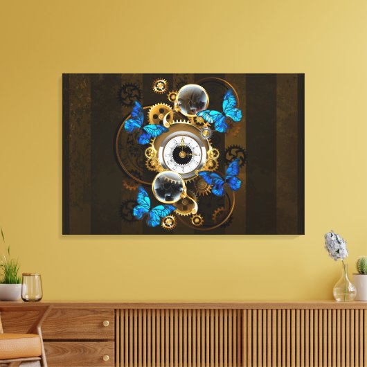 Steampunk tandwielen en blauwe vlinders canvas afdruk (Insitu (Woonkamer))