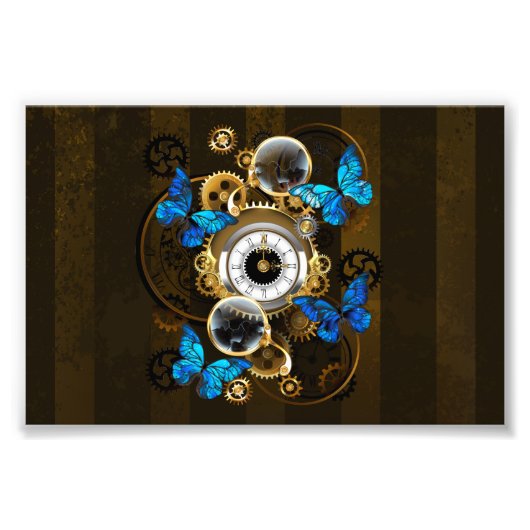 Steampunk tandwielen en blauwe vlinders foto afdruk (Voorkant)