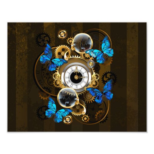 Steampunk tandwielen en blauwe vlinders foto afdruk (Voorkant)