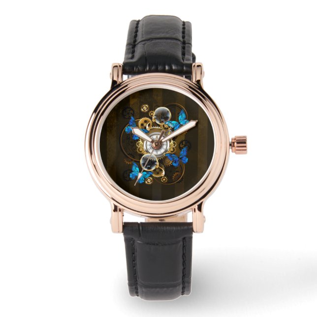 Steampunk tandwielen en blauwe vlinders horloge (Voorkant)