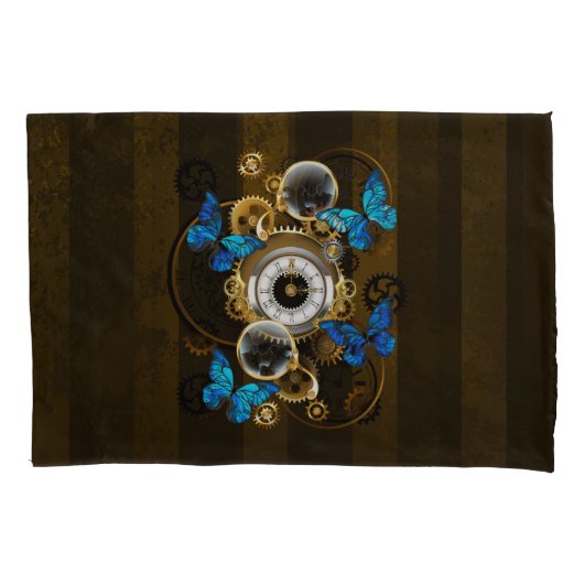 Steampunk tandwielen en blauwe vlinders kussensloop (Voorkant)