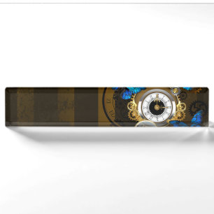 Steampunk tandwielen en blauwe vlinders naambordje