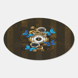 Steampunk tandwielen en blauwe vlinders ovale sticker
