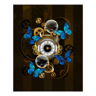 Steampunk tandwielen en blauwe vlinders perfect poster