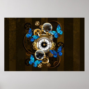 Steampunk tandwielen en blauwe vlinders poster