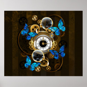 Steampunk tandwielen en blauwe vlinders poster