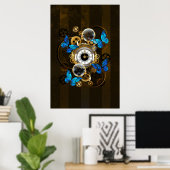 Steampunk tandwielen en blauwe vlinders poster (Thuiskantoor)