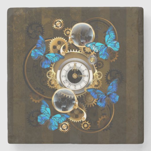 Steampunk tandwielen en blauwe vlinders stenen onderzetter (Voorkant)