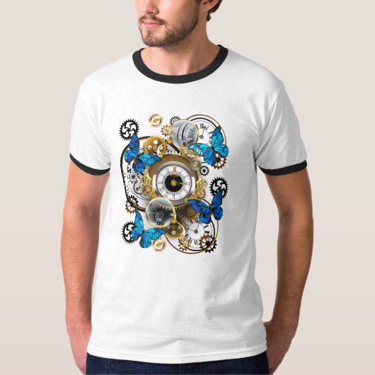 Steampunk tandwielen en blauwe vlinders t-shirt (Voorkant)