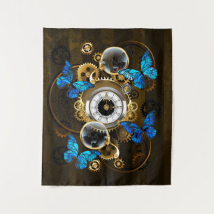Steampunk tandwielen en blauwe vlinders wandkleed