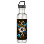 Steampunk tandwielen en blauwe vlinders waterfles (Voorkant)