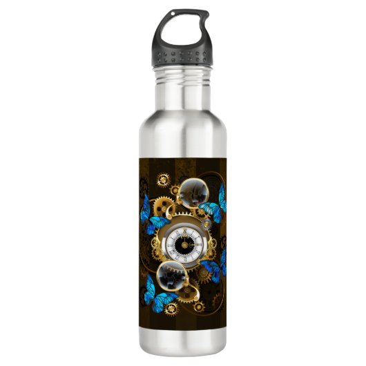 Steampunk tandwielen en blauwe vlinders waterfles (Voorkant)