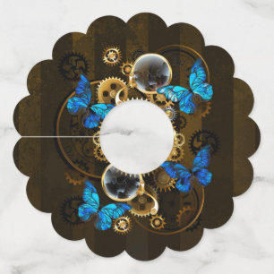 Steampunk tandwielen en blauwe vlinders wijnglaslabel