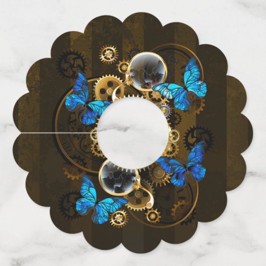 Steampunk tandwielen en blauwe vlinders wijnglaslabel (Voorkant)