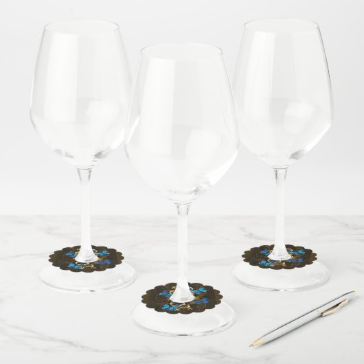 Steampunk tandwielen en blauwe vlinders wijnglaslabel (Set)