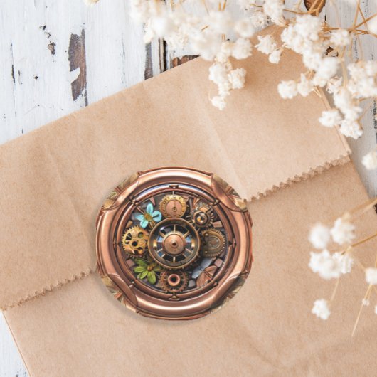 Steampunk tandwielen en bloemen koper en goud meta ronde sticker