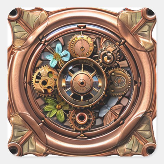 Steampunk tandwielen en bloemen koper en goud meta vierkante sticker (Voorkant)