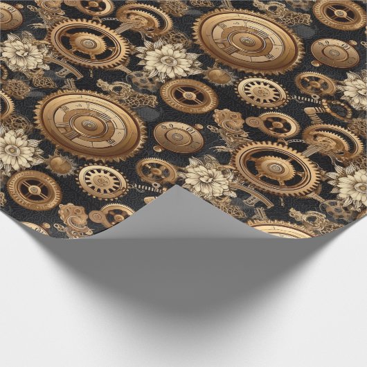 Steampunk tandwielen en bloemen patroon cadeaupapier (Hoek)