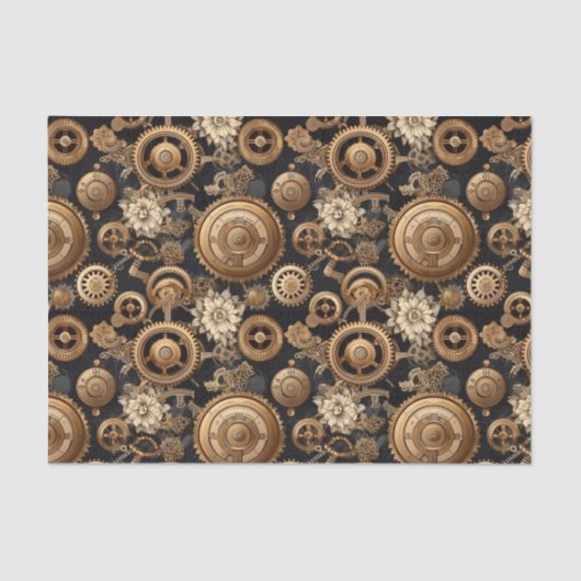 Steampunk tandwielen en bloemen patroon tissuepapier (Voorkant)