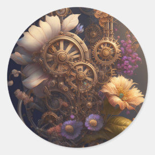 Steampunk Tandwielen en Bloemen Ronde Sticker