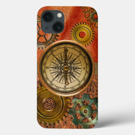 Steampunk-tandwielen op metallisch en leder-vormig iPhone 13 hoesje