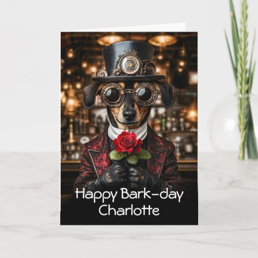 Steampunk teckel hond + Roos AH10 Verjaardag Kaart (Voorkant)