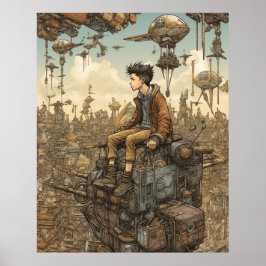 Steampunk Teen bovenop de stad Poster