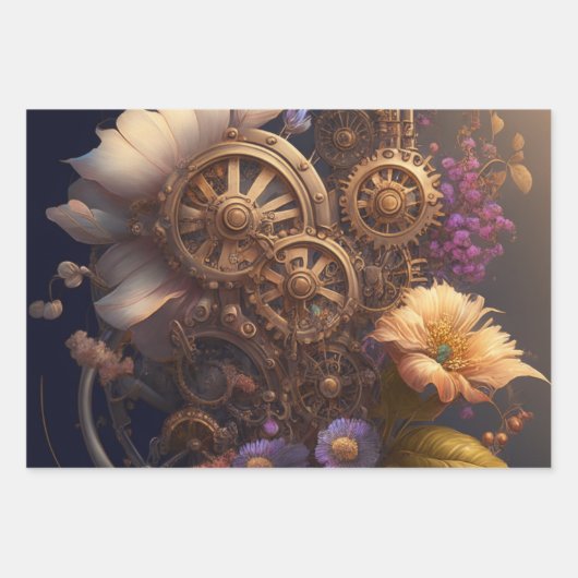 Steampunk Thema Metal Gears and Flowers Verjaardag Inpakpapier Vel (Voorkant 2)