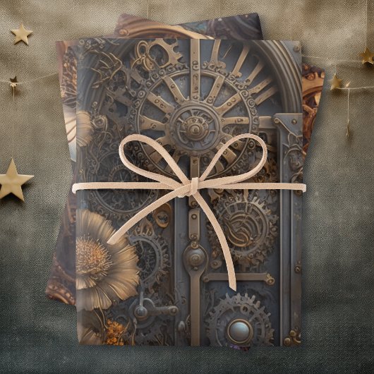 Steampunk Thema Metal Gears and Flowers Verjaardag Inpakpapier Vel
