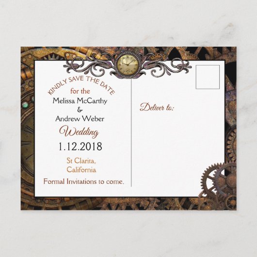 Steampunk Theme Wedding Save the Date Aankondigingskaart (Achterkant)