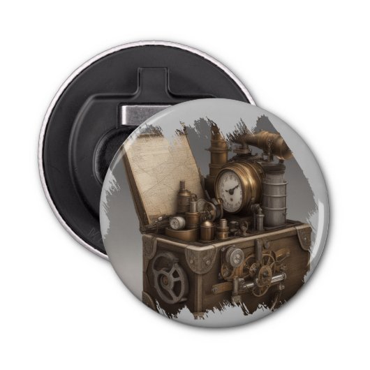 Steampunk tijdmachine -  schatkist button flesopener (Voorkant)