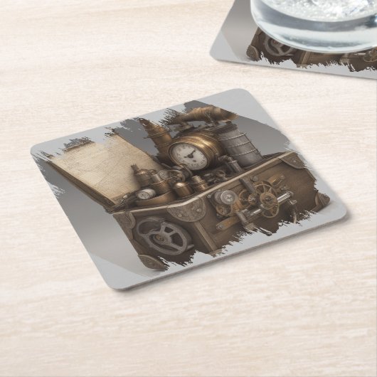 Steampunk tijdmachine - schatkist kartonnen onderzetters (Schuin)
