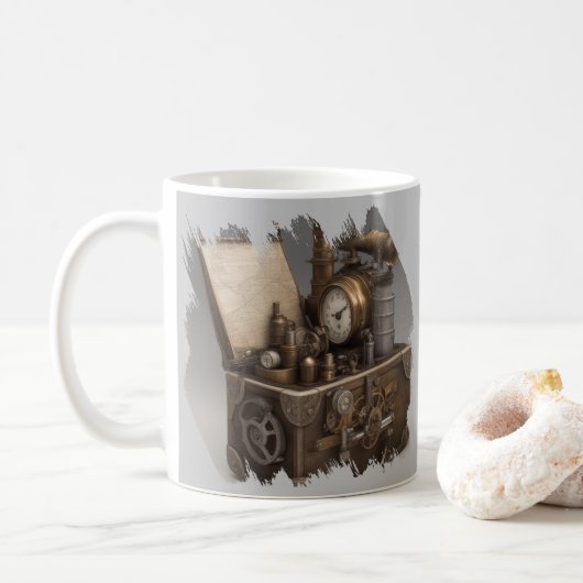 Steampunk tijdmachine -  schatkist koffiemok (Met donut)