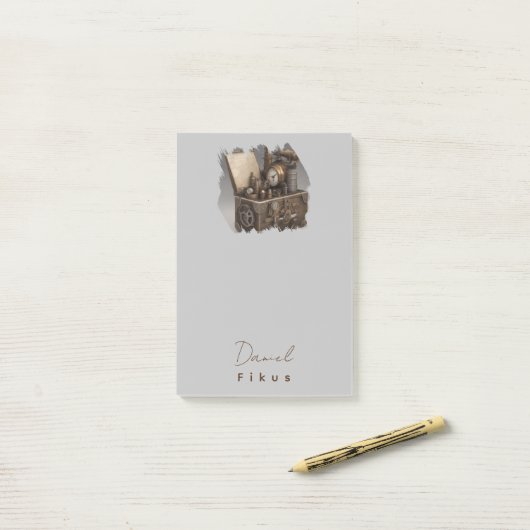 Steampunk tijdmachine -  schatkist post-it® notes (Op bureau)