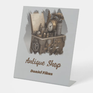Steampunk tijdmachine -  schatkist reclamebord met voetstuk