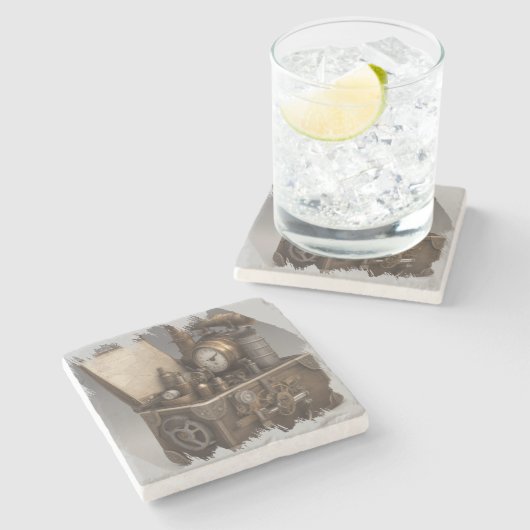 Steampunk tijdmachine -  schatkist stenen onderzetter (Zijkant)