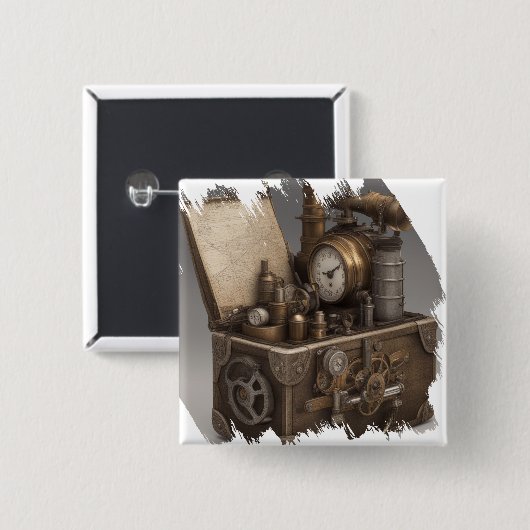 Steampunk tijdmachine -  schatkist vierkante button 5,1 cm (Voorkant /achterkant)