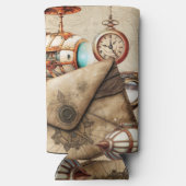 Steampunk tijdperk met klokken en blimpjes seltzer blikjeskoeler (Achterkant)