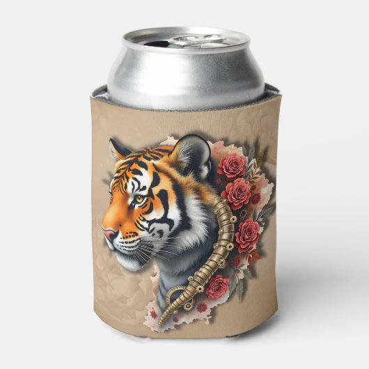 Steampunk Tijger met Rozen Illustratie. Blikjeskoeler (Blikje Voorkant)