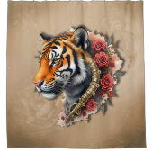 Steampunk Tijger met Rozen Illustratie. Douchegordijn (Voorkant)