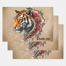 Steampunk Tijger met Rozen Illustratie. Inpakpapier Vel