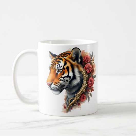 Steampunk Tijger met Rozen Illustratie. Koffiemok (Links)