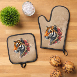 Steampunk Tijger met Rozen Illustratie. Ovenwant & Pannenlap Set