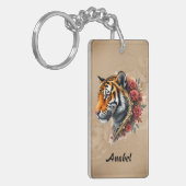 Steampunk Tijger met Rozen Illustratie Sleutelhanger (Voorkant Links)