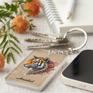 Steampunk Tijger met Rozen Illustratie Sleutelhanger