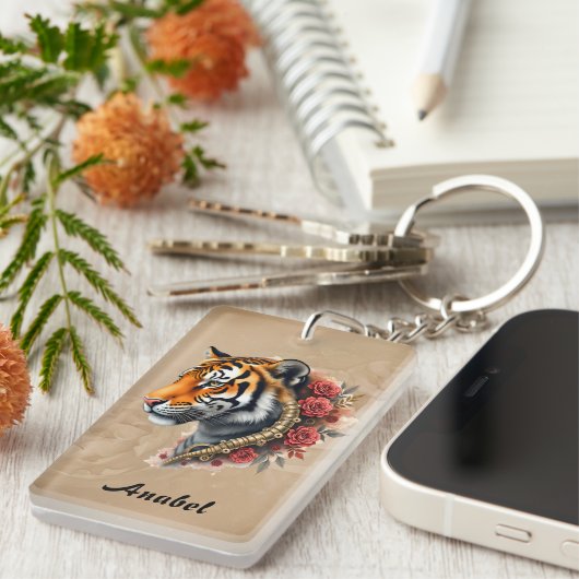 Steampunk Tijger met Rozen Illustratie Sleutelhanger (Voorkant Rechts)