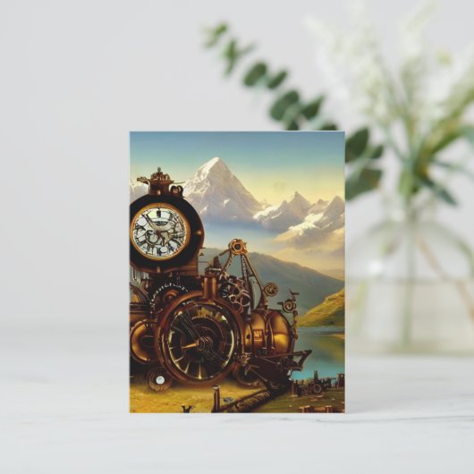 Steampunk Time Machine in Swiss Alps Fantasy Art Briefkaart (Staand voorkant)