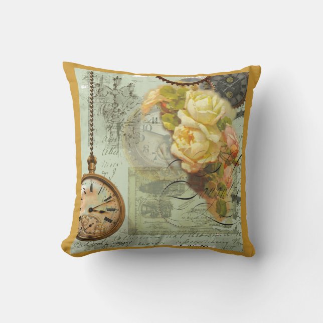 Steampunk Time & Yellow Roses Kussen (Voorkant)